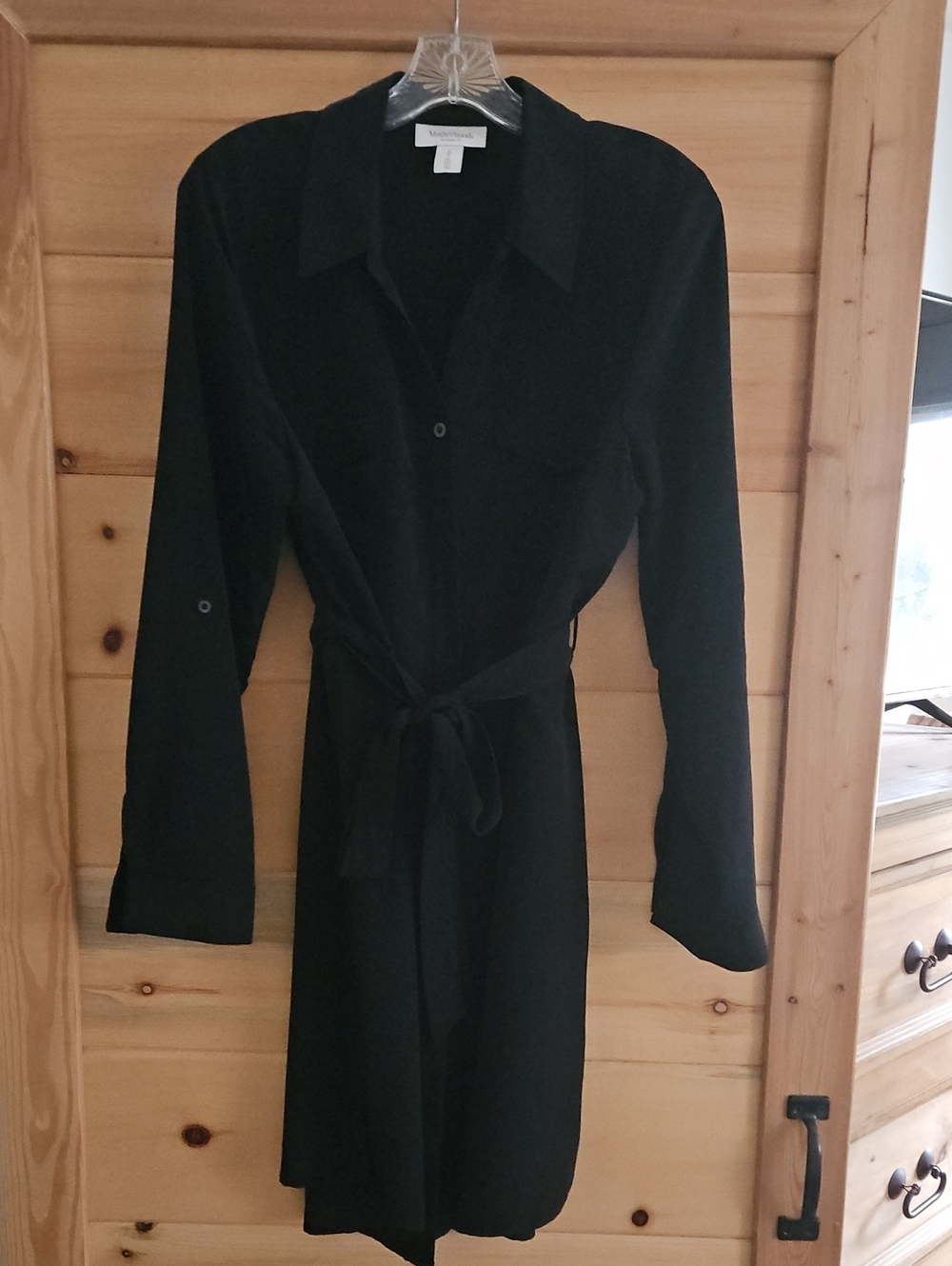 Motherhood Maternitty Black Long-Sleeve Shirt Dress with Waist Tie